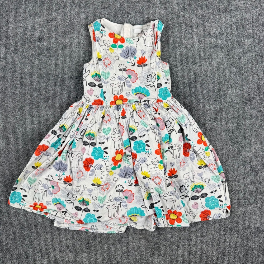 M&S Kids Dress Girls Size 5-6 yrs White Floral Cat Print Cotton Sleeveless